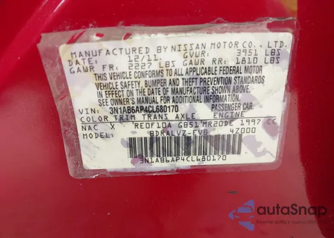 2012 Nissan Sentra 2.0 Sl из США, поврежденный, VIN 3N1AB6AP4CL680170